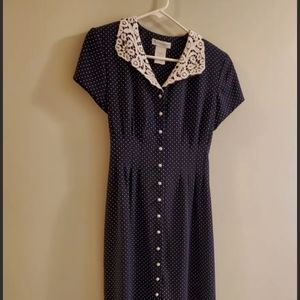 Vintage Dress Barn Navy With Polka-dots, Lace Accent, Pearl Buttons